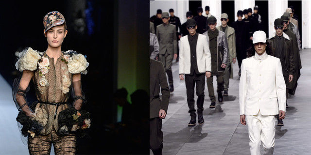 Défilés Jean Paul Gaultier hc pe 2015 et Kris Va, Assche pap ah 2012-13, à Paris  © MIGUEL MEDINA et FRANCOIS GUILLOT / AFP