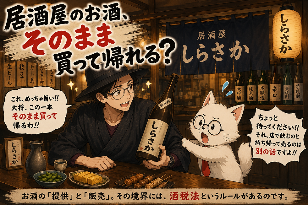 居酒屋で日本酒の瓶を手にする人物と猫が、酒の持ち帰り販売について話すイラスト