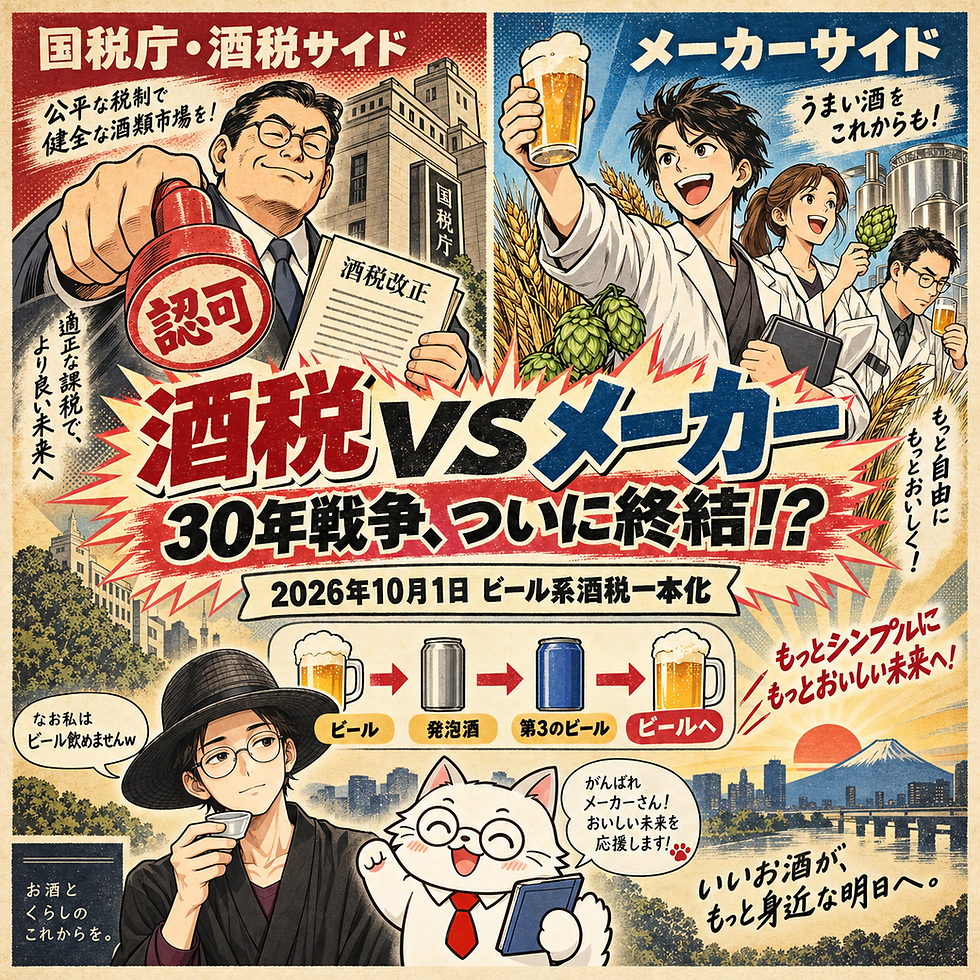 酒税とメーカーの30年の歩みと、2026年10月1日のビール系飲料の酒税一本化を描いたイラスト