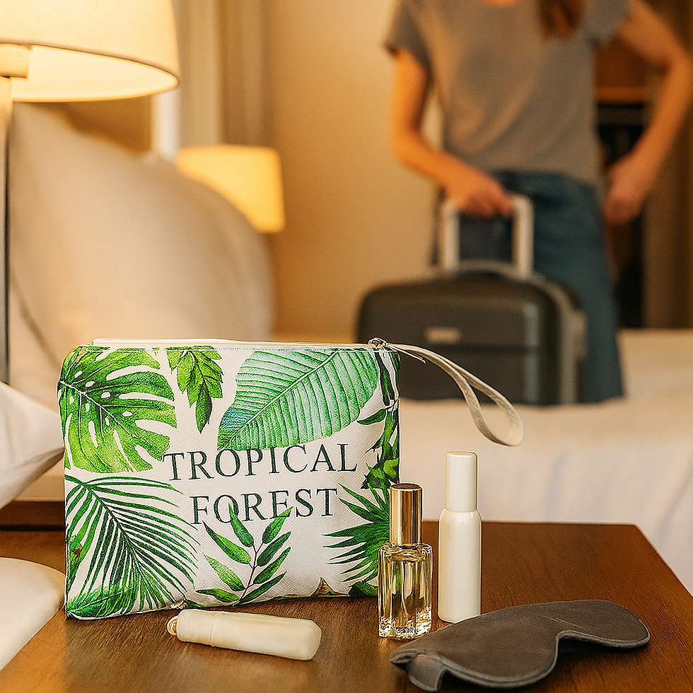 Leaf print toiletry bag on hotel nightstand with perfume and sleep mask; woman with carry-on in background.