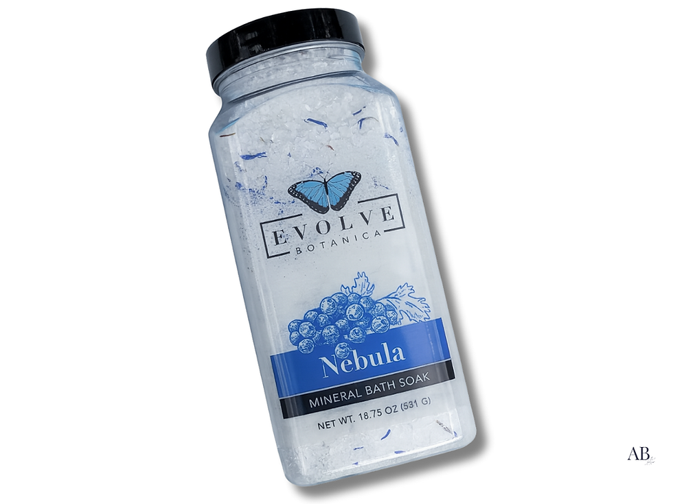 Front view of Evolve Botanica Nebula mineral bath soak bottle on white background