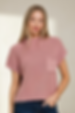 Light rose mock-neck knit sweater with short sleeves and front pocket shown in soft studio lighting.