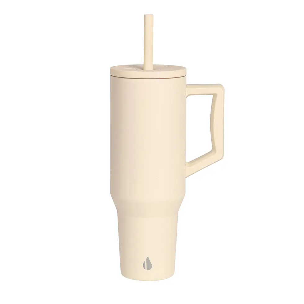 Front view of Elemental Commuter 40oz cream tumbler with handle and straw, leak-proof stainless steel insulated travel cup.