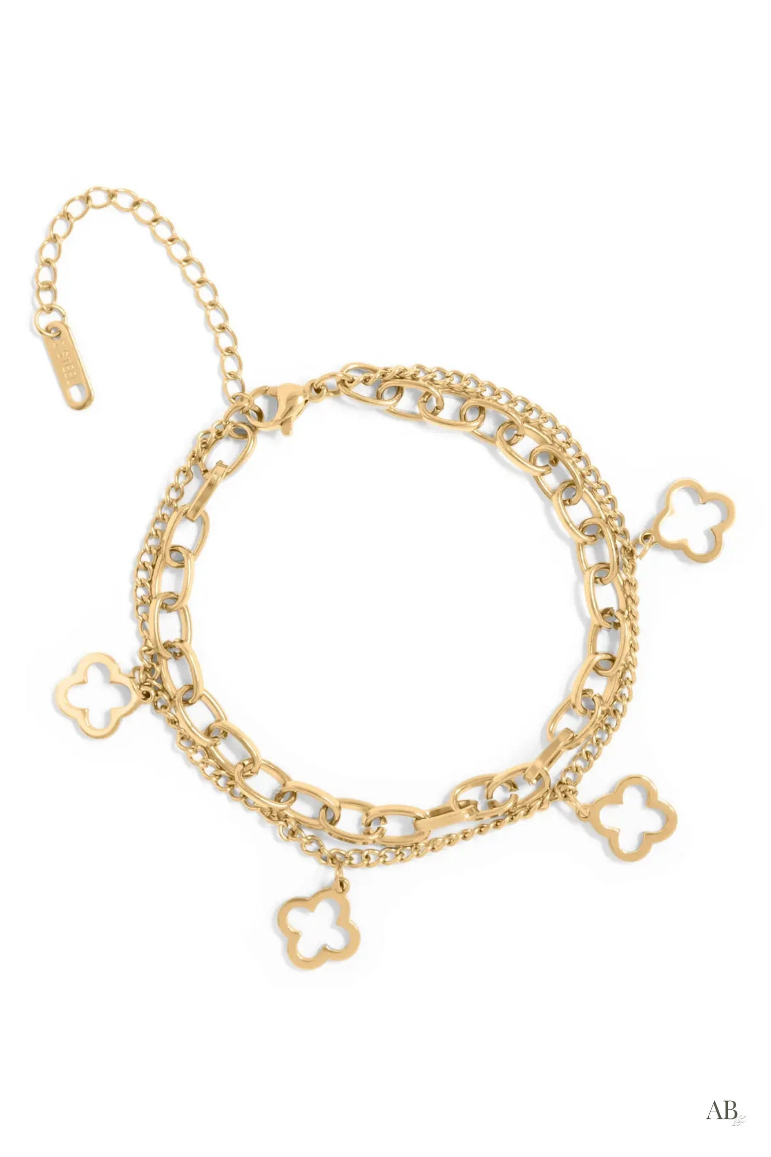 Tarnish-resistant gold clover charm bracelet with mixed chains displayed flat on a white background.