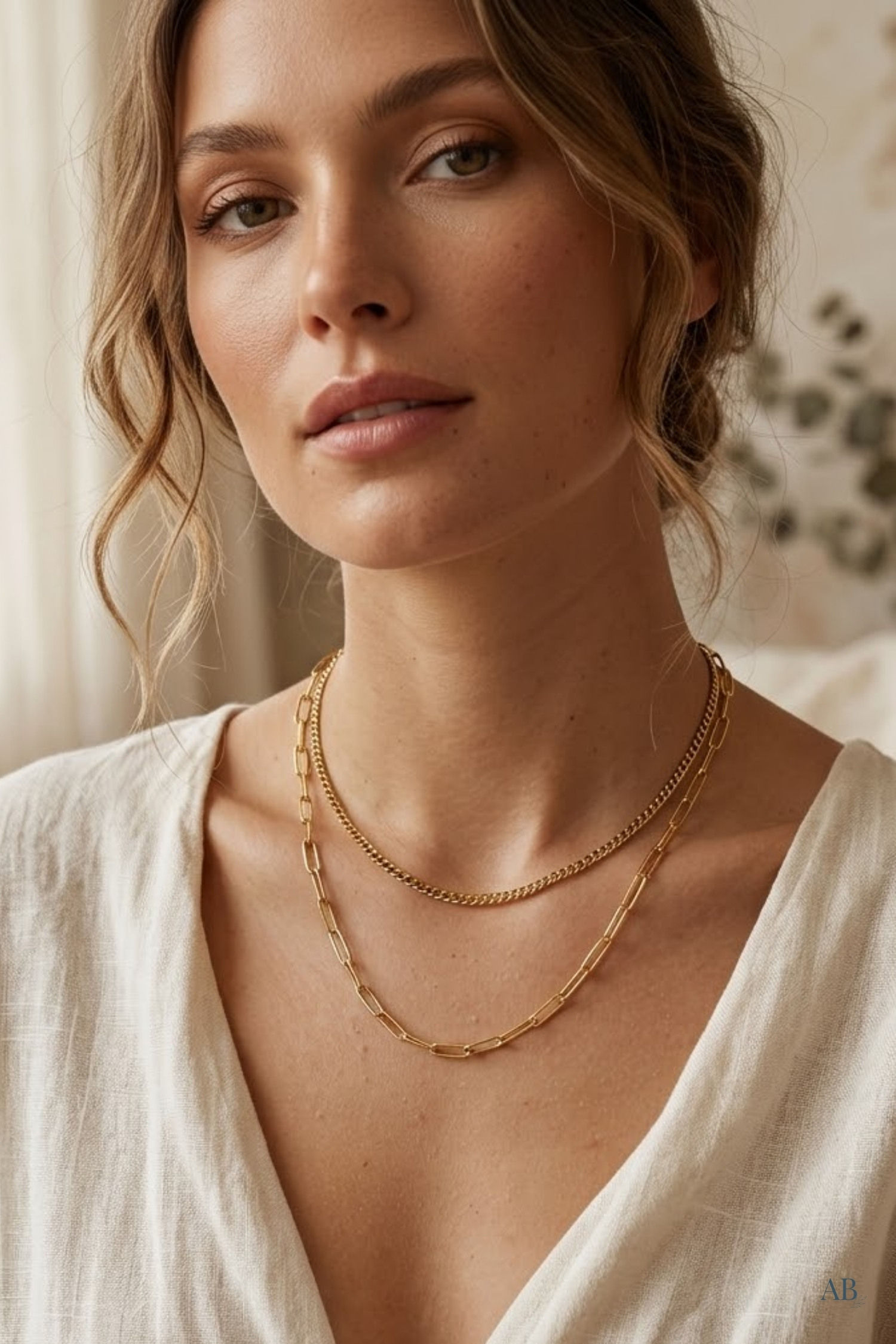 Model wearing a double strand 18k gold PVD paperclip and curb link layered necklace with a V-neck shirt.