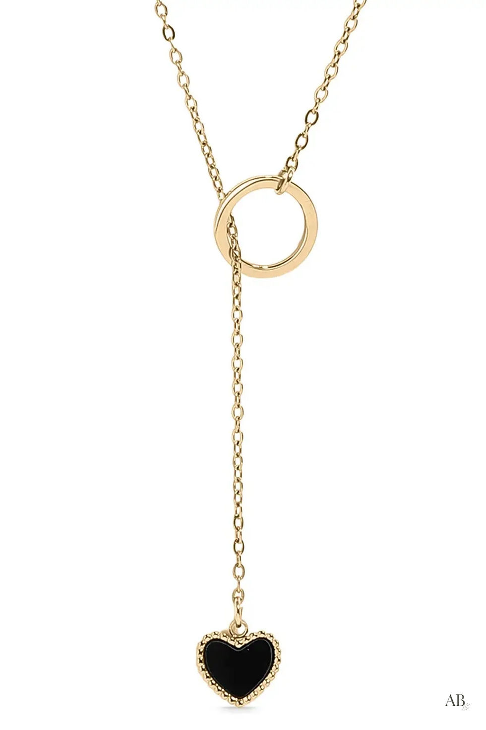 Gold lariat necklace with an open circle connector and a black heart pendant drop on a white background.