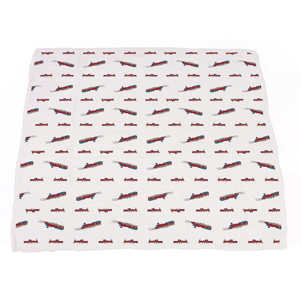 Thumbnail: Griffin Vintage Steam Trains and Blue Stripe Bamboo Muslin Blanket
