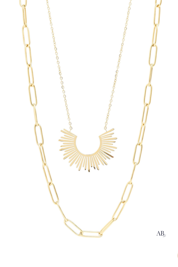 Layered 18K gold PVD paperclip and loop chain charm necklace displayed on a white background.