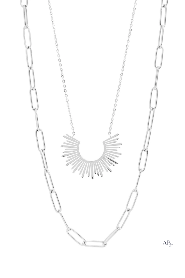 Layered stainless steel paperclip and loop chain charm necklace displayed on a white background.