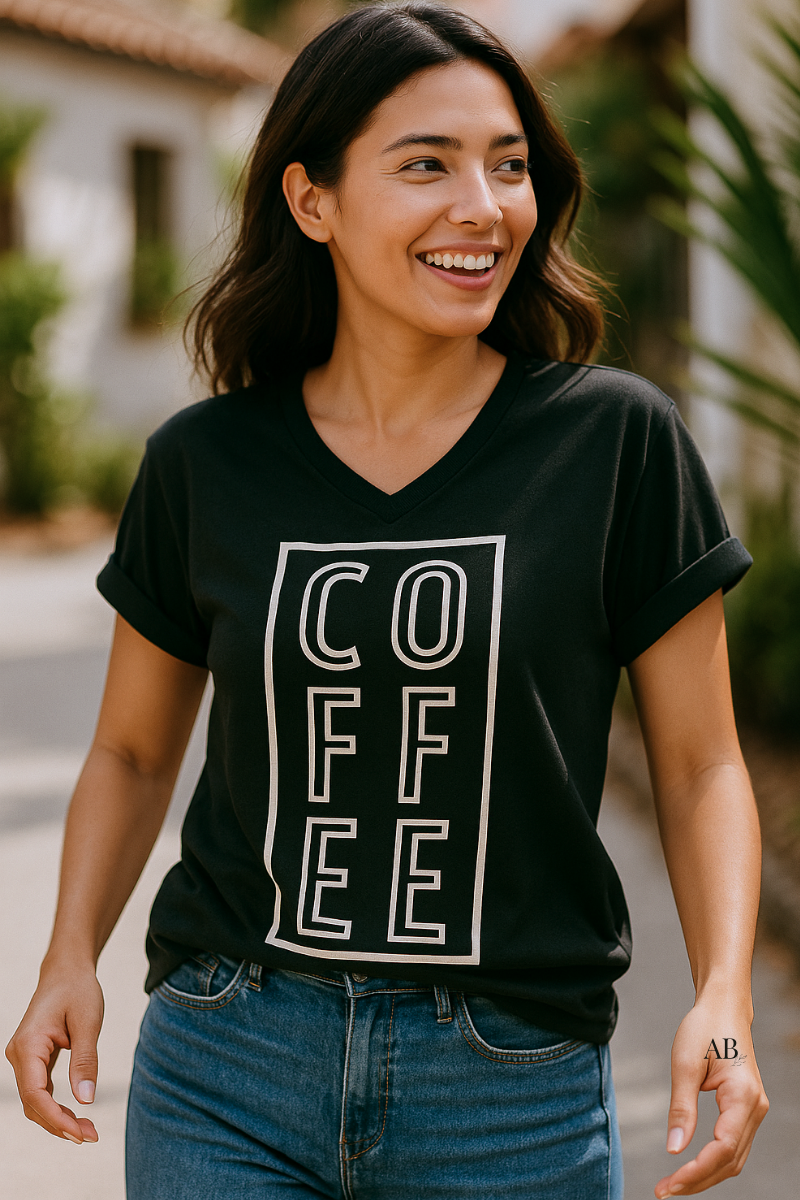 Outdoor mid-shot showing a black V-neck tee with white “COFFEE” vertical graphic; soft greenery background, casual walk.