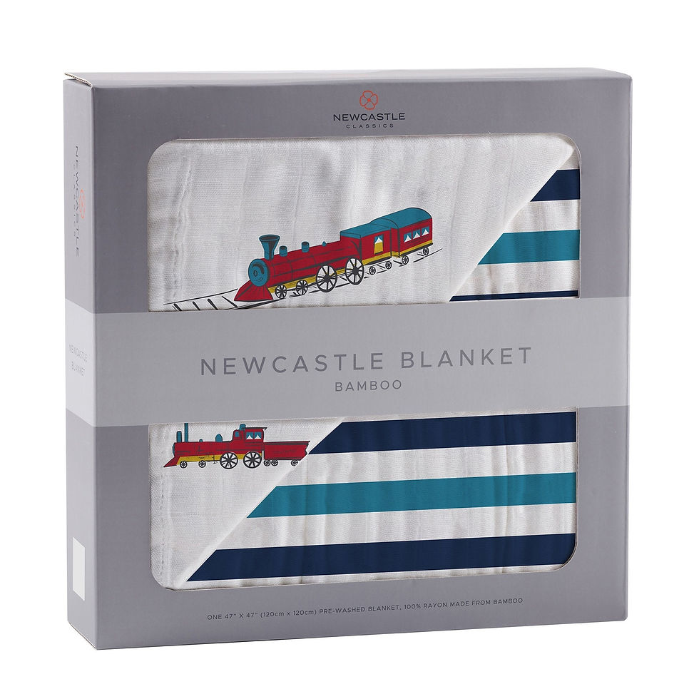 Thumbnail: Griffin Vintage Steam Trains and Blue Stripe Bamboo Muslin Blanket