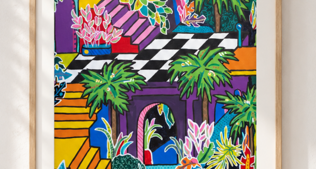 Painting of a colorful scene with multiple staircases, checkered floors and bright, tropical botanicals