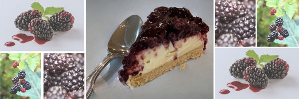 Composition of 7 images of boysenberries and a slice of boysenberry cheesecake