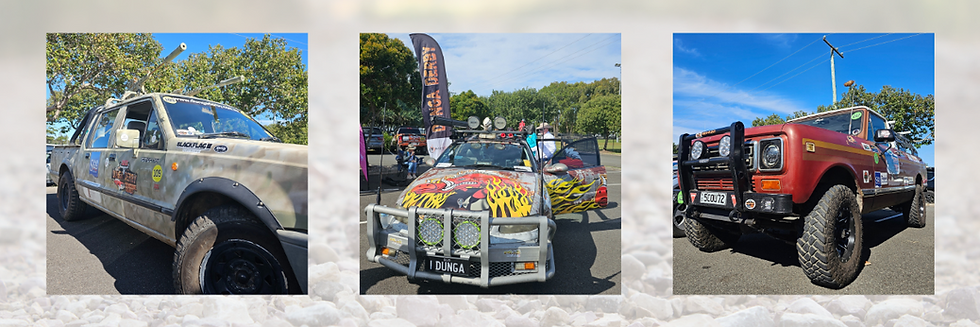 Three old cars covered in sticker participating in Dunga Derby