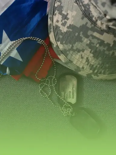 Military dog tags, camouflage hat, and Texas flag symbolize service.