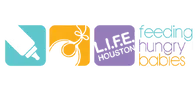 L.I.F.E. HOUSTON logo with baby bottle, bib, feeding hungry babies.