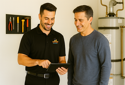 Tip Top Plumbing technician reviewing service details with a Tolleson homeowner beside a water heater, representing same-day service, trust, and professional care.