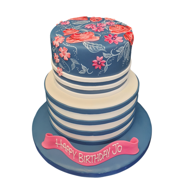 A whimsical and vibrant striped cake adorned with colourful flowers, perfect for birthdays, celebrations, and special occasions.