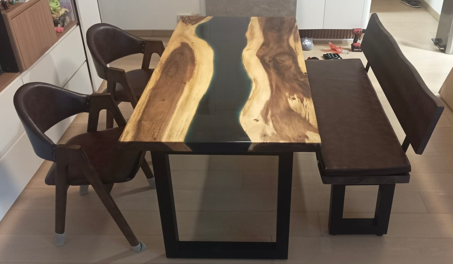 BiGi - 樹脂+南美進口胡桃木實木桌 4.5 160x80cm 套裝 (1 Table + 1 Bench + 2 chairs)