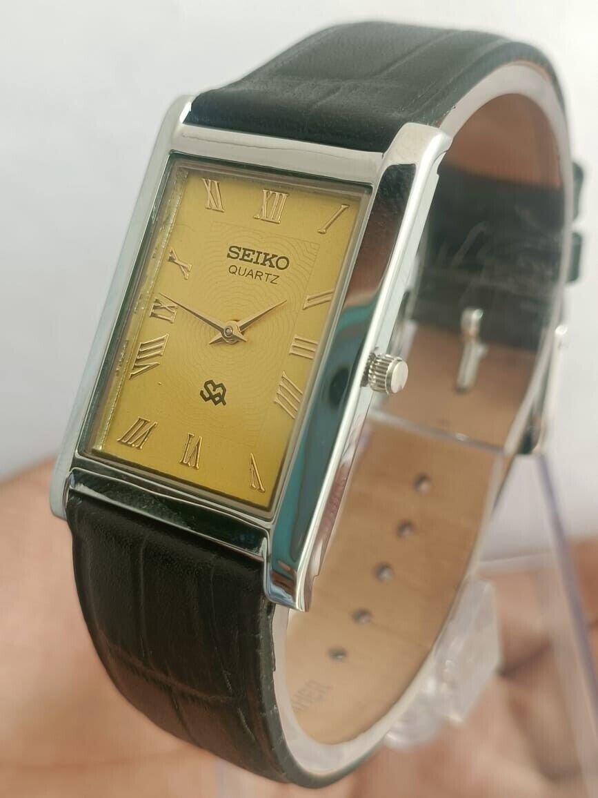 Thumbnail: Seiko Slim Quartz Yellow Face Black Croco Strap Japanese Man's Wrist Watch B06