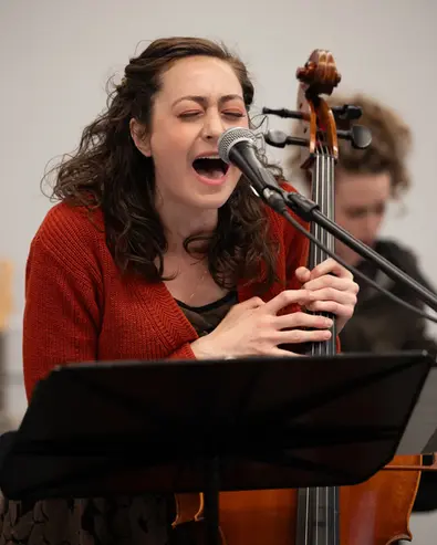 Red Giant, a new actor-musician rock musical: Photo from Industry Presentation 1/19/2026. Cathryn Wake, Lili Thomas, Skyler Volpe, Chanel Karimkhani, Ellie Fishman, Elena Bonomo