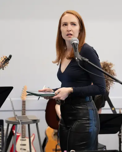 Red Giant, a new actor-musician rock musical: Photo from Industry Presentation 1/19/2026. Cathryn Wake, Lili Thomas, Skyler Volpe, Chanel Karimkhani, Ellie Fishman, Elena Bonomo