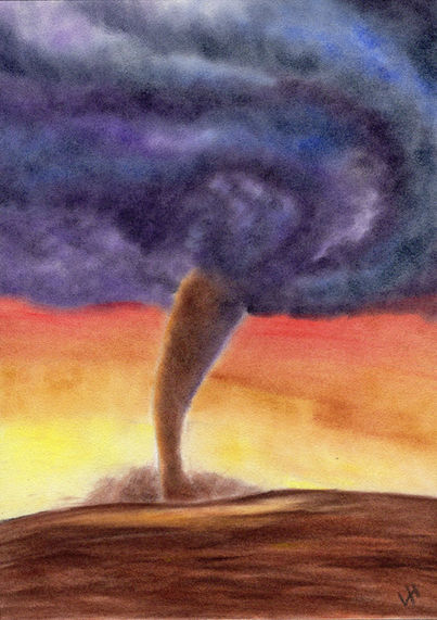 A tornado and purple clouds on a brown landscape