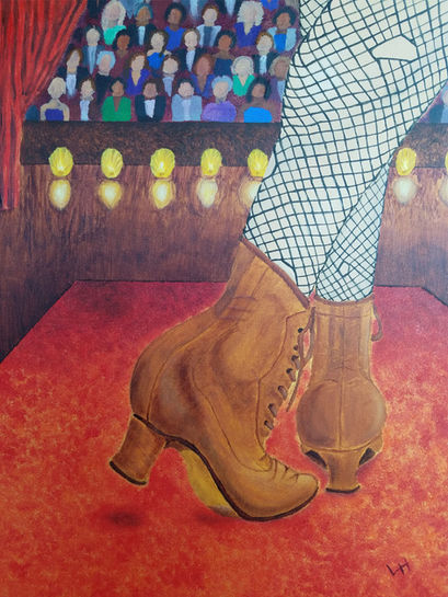 Ankle boots and torn fish net stocking clad legs walking to stage on a red carpet