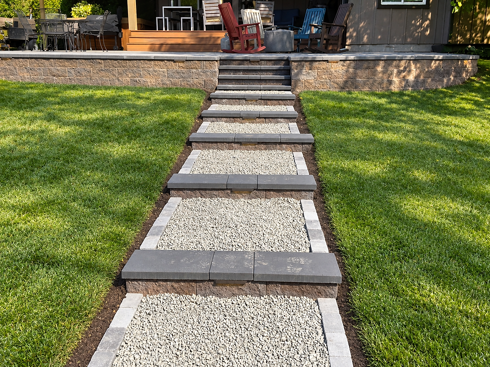 Outdoor stairs made of gravel and stone leading to a patio.