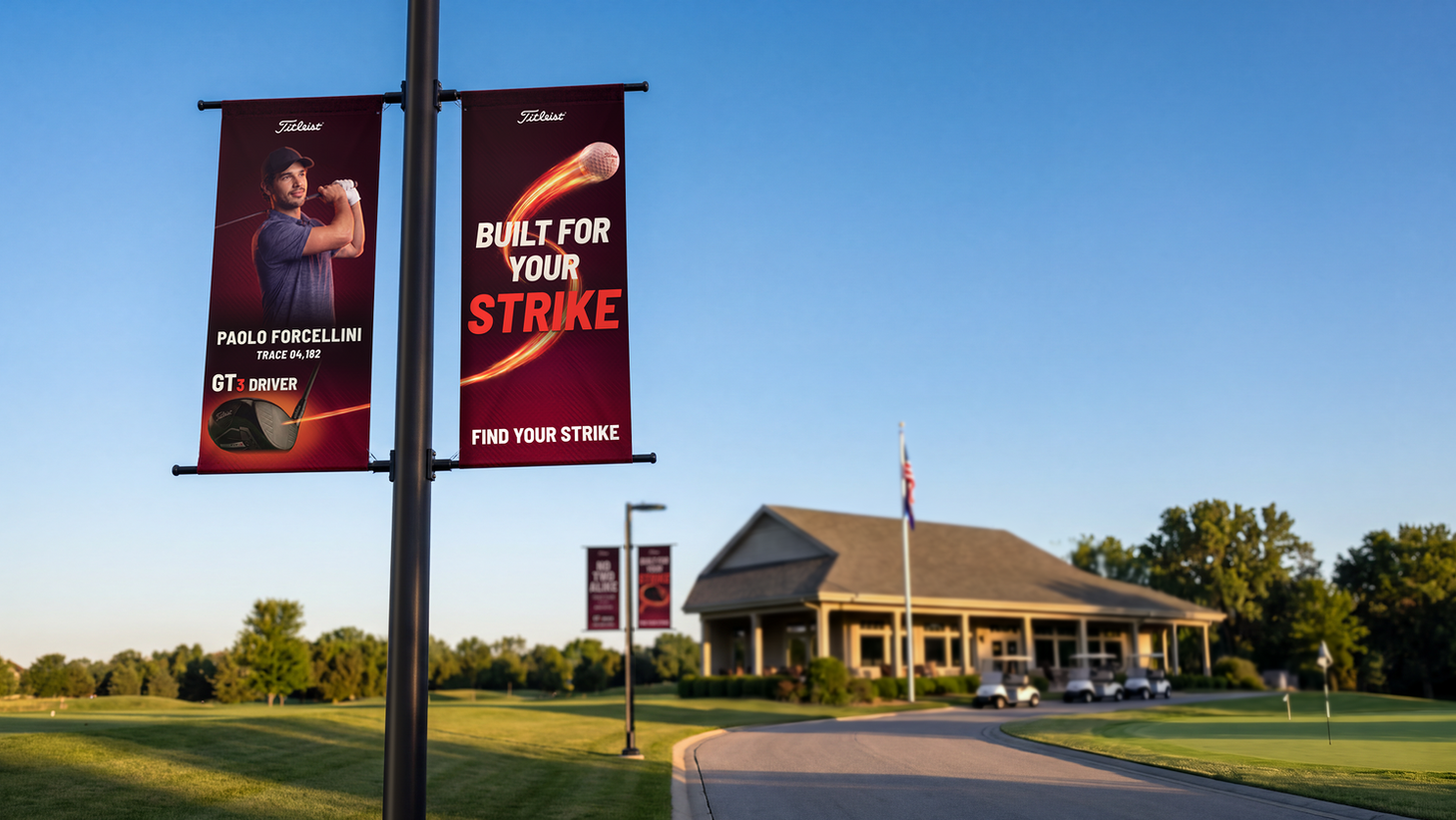 Titleist GT3 concept campaign: two pole banners on a clubhouse drive, a golfer portrait and the line Built for your strike