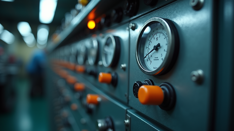 Eye-level view of a modern industrial control panel with various gauges and switches