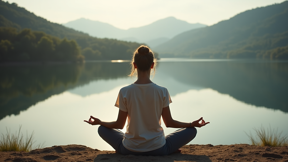 Close-up view of a person meditating outdoors with a calm lake in the background