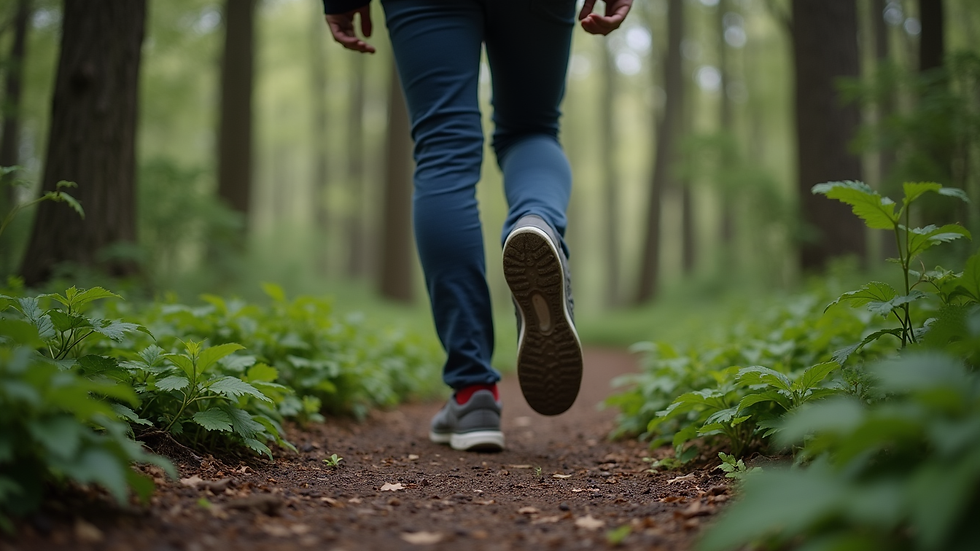 Close-up view of a person stepping onto a path in a forest