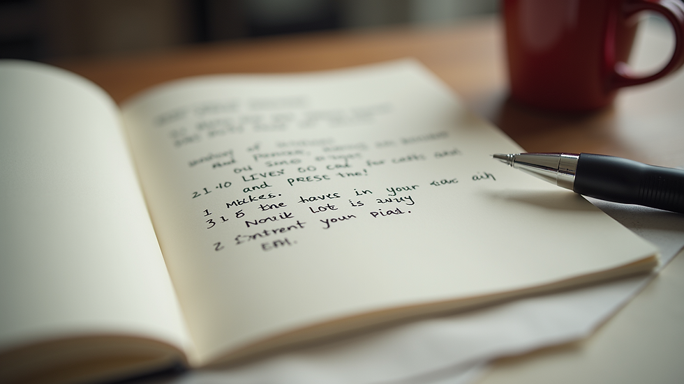 Close-up view of a journal with motivational notes and a pen