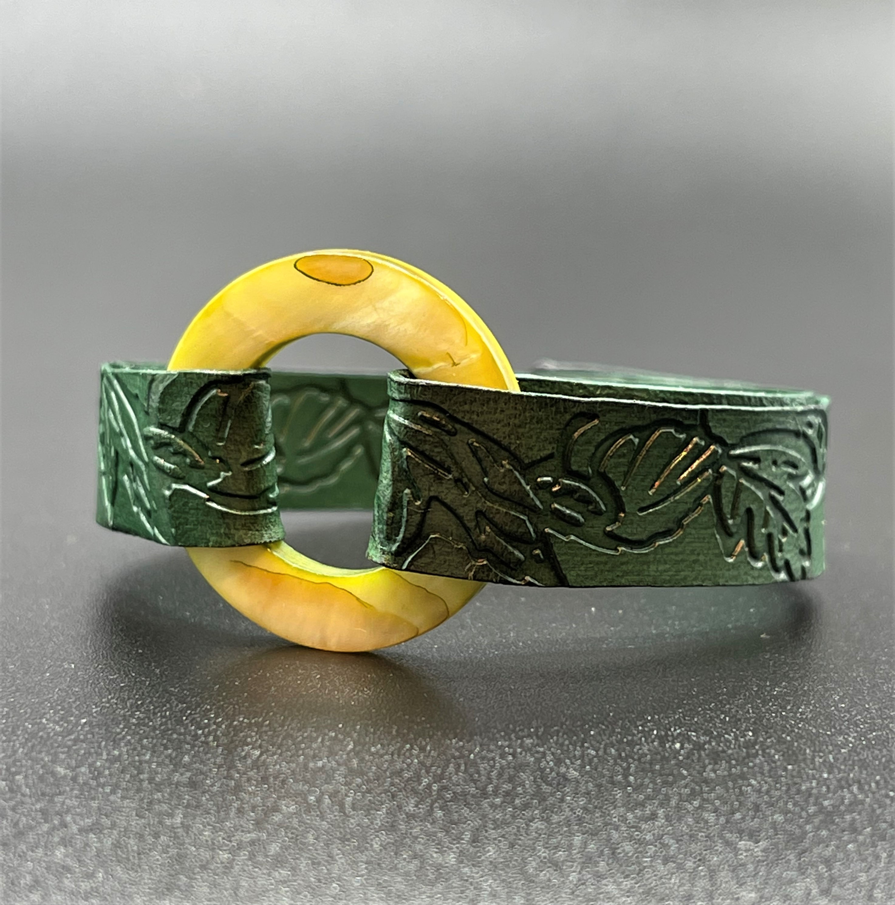 Patterned Leather Wrap bracelet - shell ring