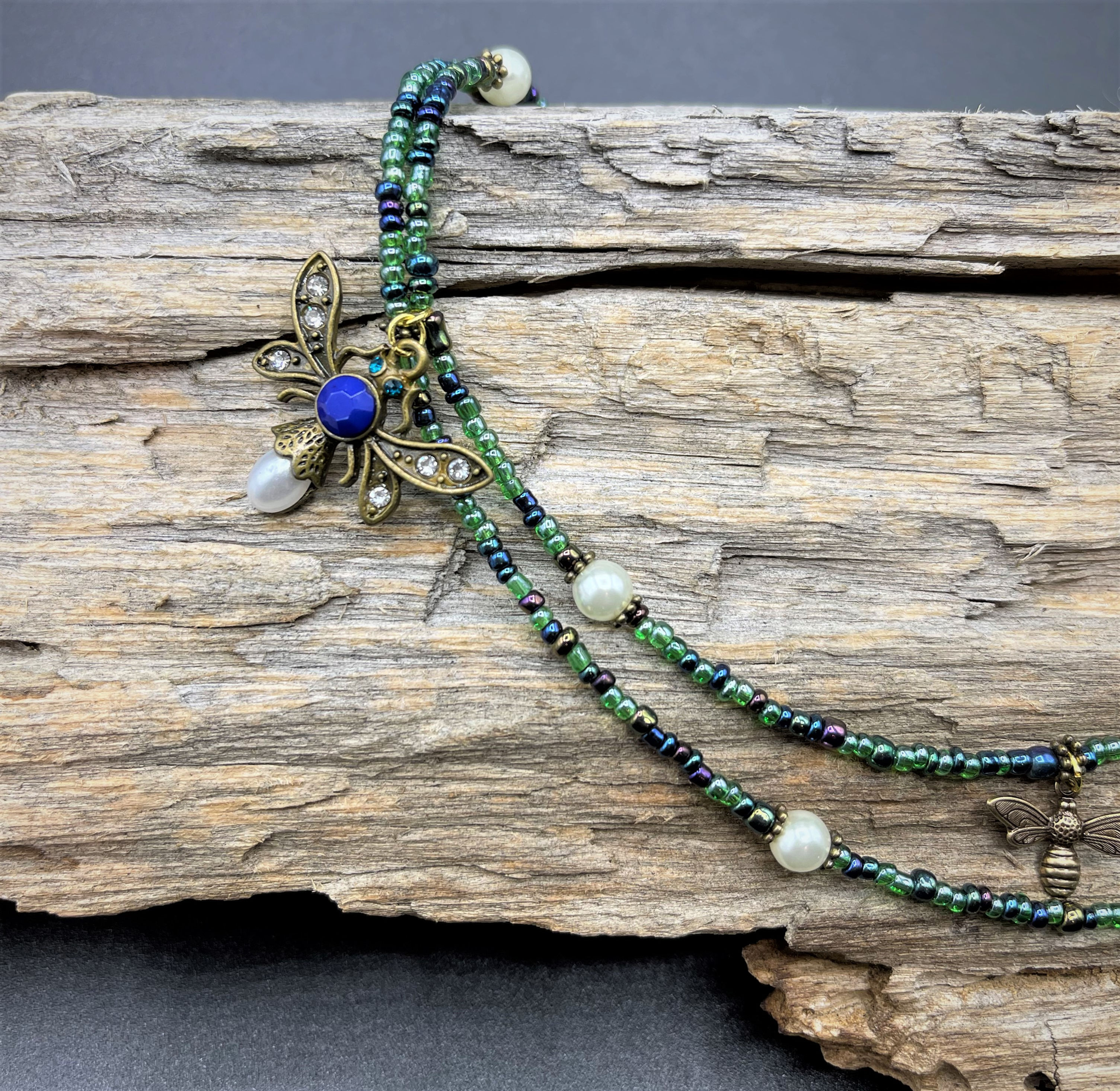 Double strand Bee with blue stone & Pearl