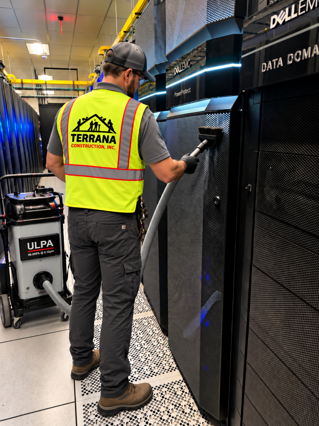 Terrana Construction technician cleaning a data center rack using a ULPA vacuum