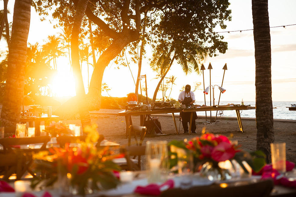 dinner being prepared at sunset with tables set
