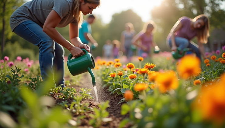 Eye-level view of a community garden with colorful flowers and vegetables