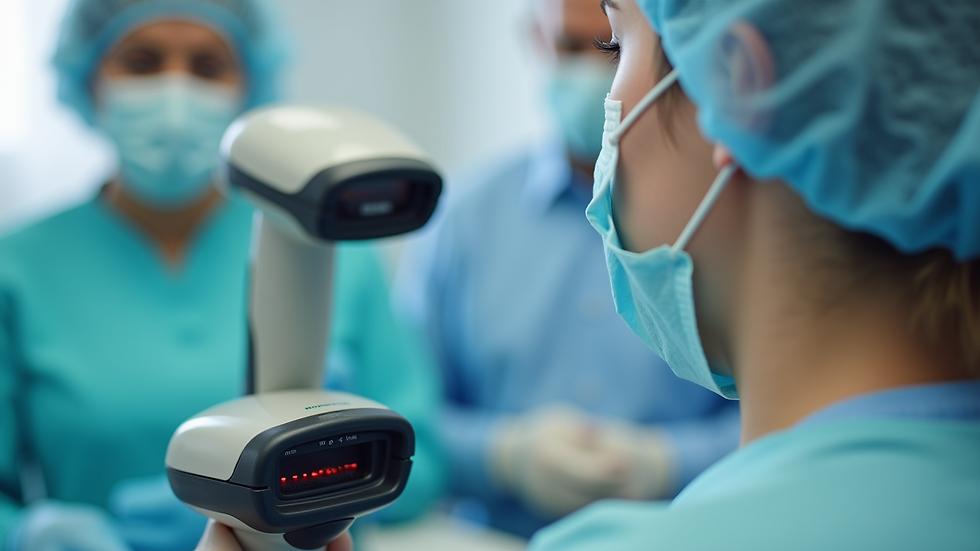 Close-up view of dental supply barcode scanner in use