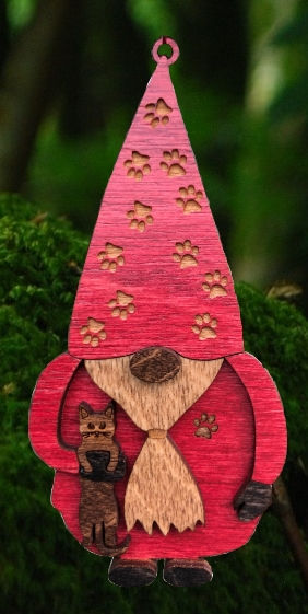 Gnome with Kitty Cat Wood Christmas Ornament