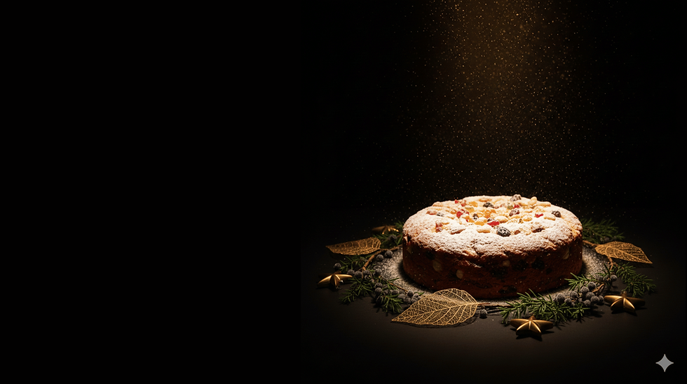 Handcrafted Christmas plum cake dusted with sugar on a dark festive background.