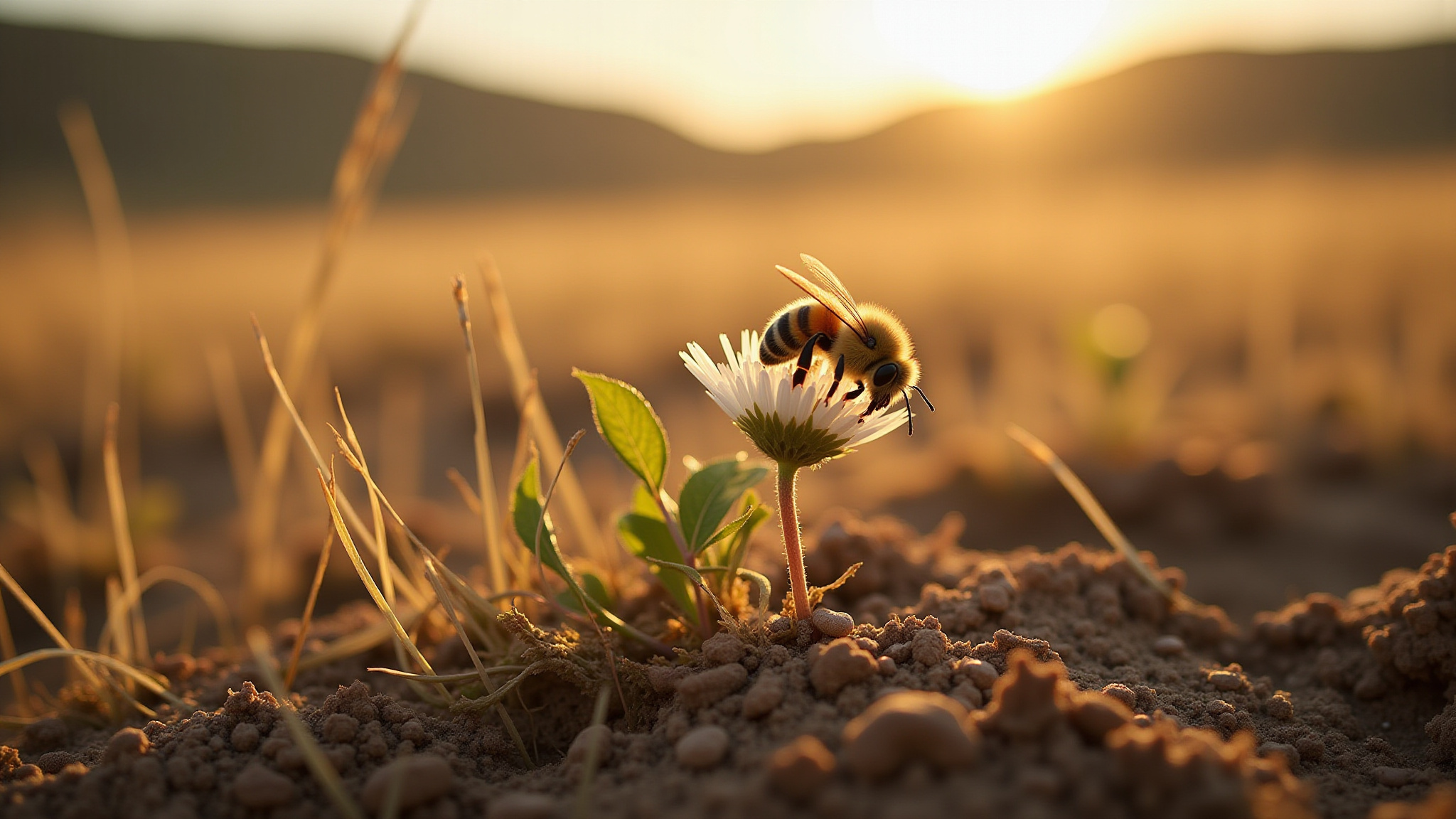Close up of honey bee pollinating a small white flower