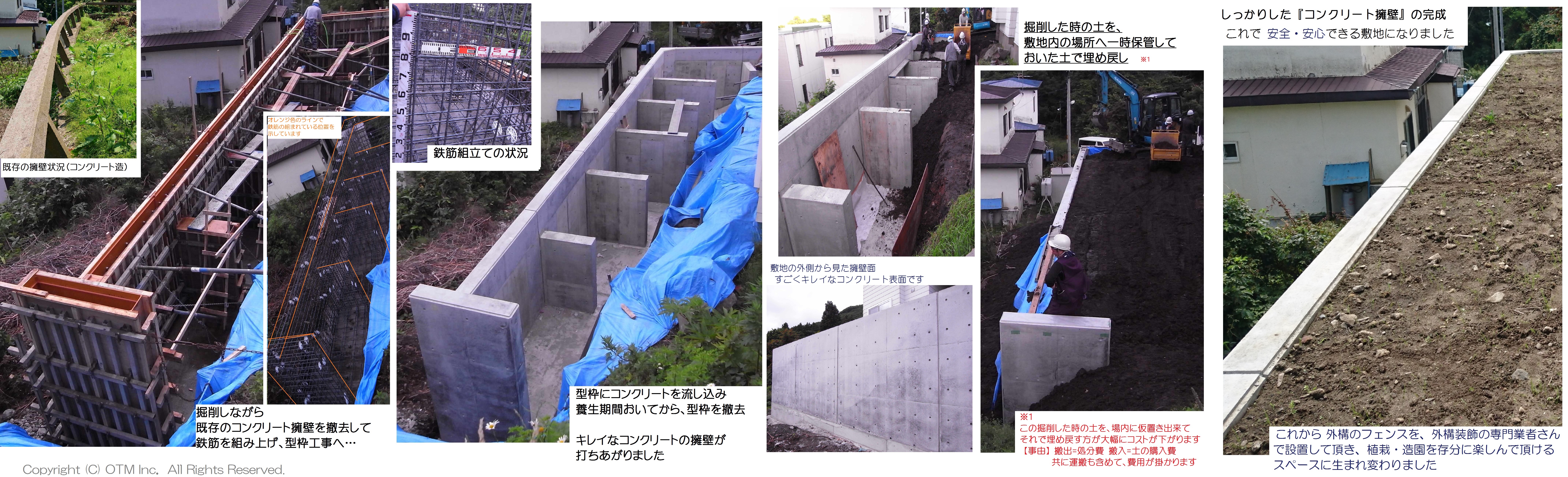 新しくコンクリート擁壁が出来る上がるまでの工事流れ