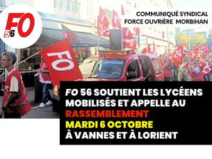 📢FO 56 SOUTIENT LES LYCÉENS MOBILISÉS ET APPELLE AURASSEMBLEMENT MARDI 6 OCTOBRE À VANNES ET À LORIENT