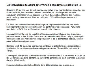 🔴L’intersyndicale toujours déterminée à combattre ce projet de loi