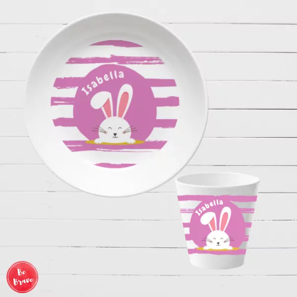 Miniaturbild: Kindergeschirr personalisiert_Kindergeschirr Set mit Namen_Müslischale_Kinderbecher_Hase lila_Ostergeschenk_Taufgeschenk