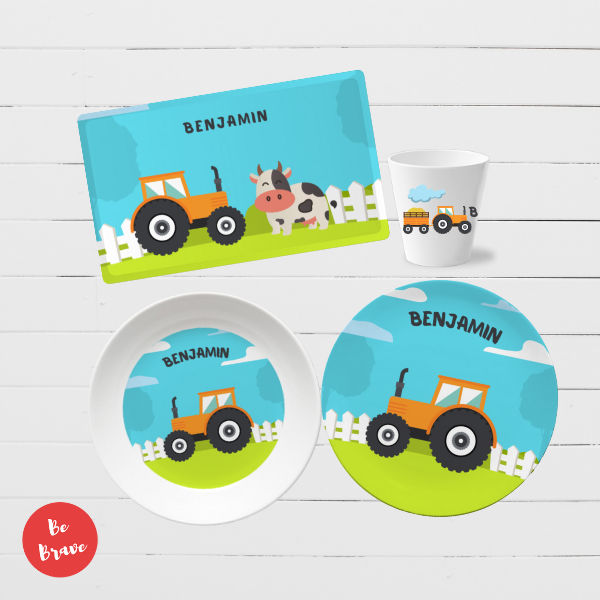 Miniaturbild: Kindergeschirr Set mit Namen personalisiert_Traktor_Geschenk Junge_Bauernhof_Melamin Baby Geschirr