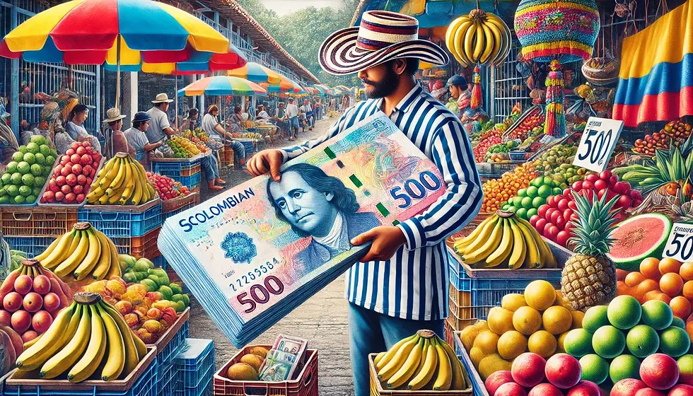Mano mostrando billetes colombianos, representación del modismo “Lucas” que significa dinero en lenguaje coloquial colombiano.