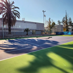 Vista panorámica de una cancha de tenis exterior con superficie de resina acrílica en colores azul y verde, ubicada frente a un edificio escolar moderno. Al fondo se aprecian palmeras, árboles y una infraestructura deportiva profesional bajo un cielo despejado.